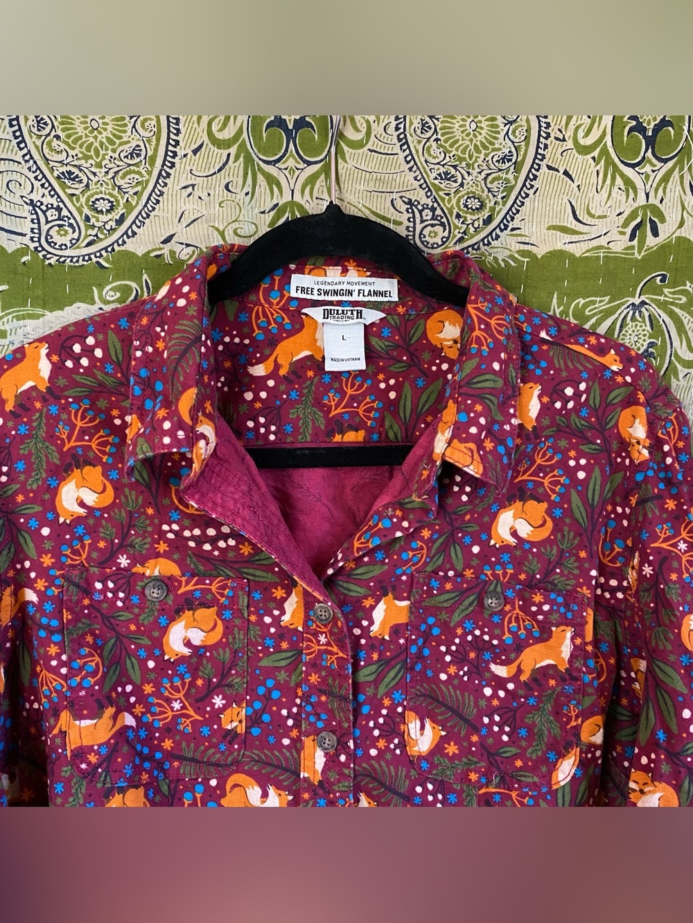 Duluth Trading Co Sangria Fox Free Swinging Flannel Shirt Large Autumn Whimsical - Picture 2 of 14